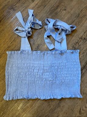 Smocked Light Blue Tie-Shoulder Crop Top